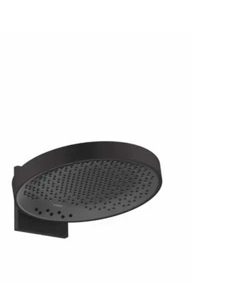Schwarze Kopfbrause mit Wandanschluss von Hansgrohe, rundes Design mit mehreren Düsenausschnitten zur Wasserverteilung, geeignet für moderne Badezimmer.